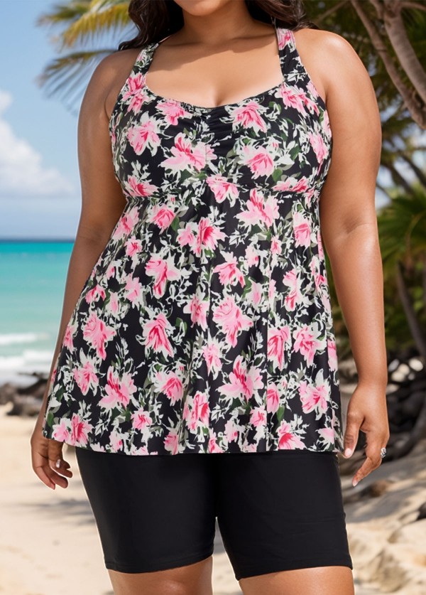 Black Floral Print Square Neck Flowy Modest Plus Size Tankini Swimsuit Top