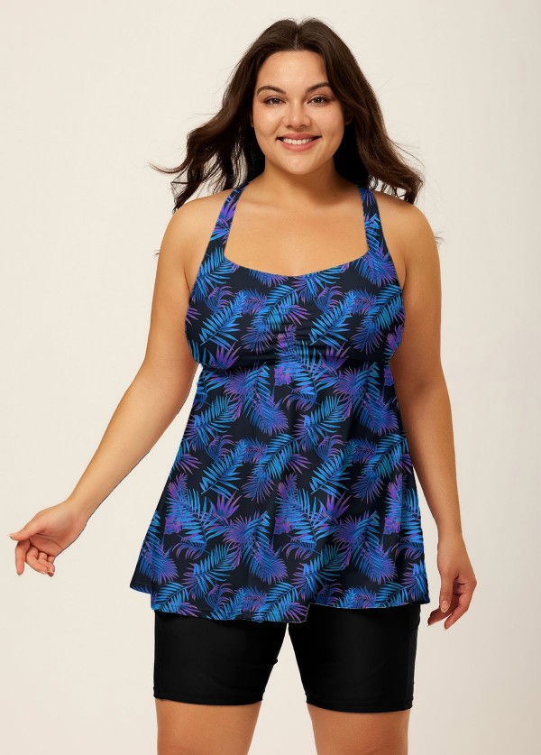 Purple Plants Print Square Neck Flowy Modest Plus Size Tankini Swimsuit Top