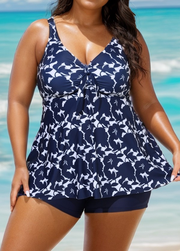 Plus Size Floral Print V Neck Stretchy Women Tankini Set