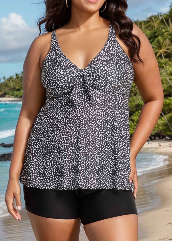 Plus Size Black Polka Dot Print Modest Swimsuits Tankini Top