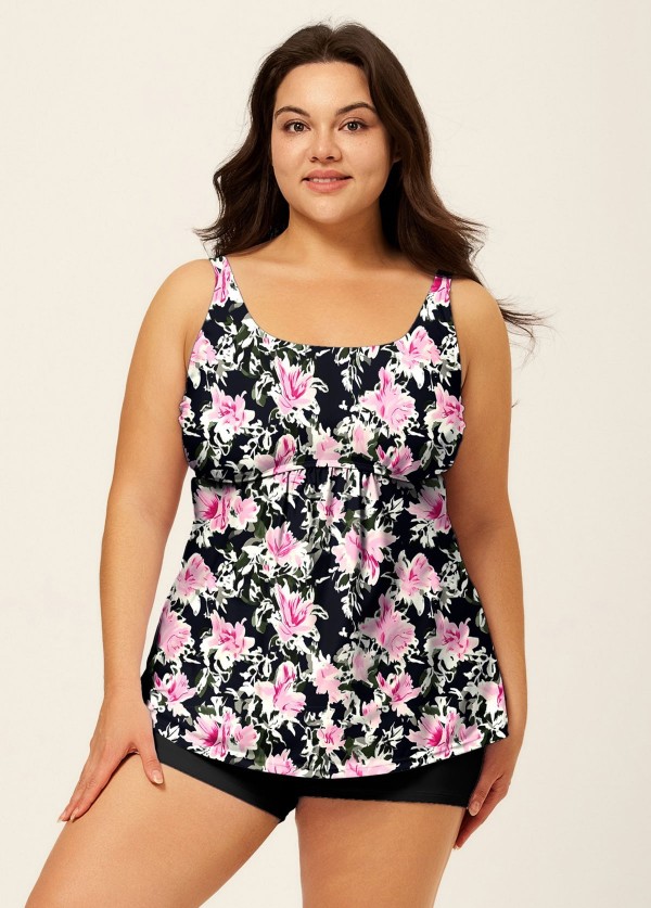 Black Floral Scoop Neck Floral Print Adjustable Straps Tankini Top