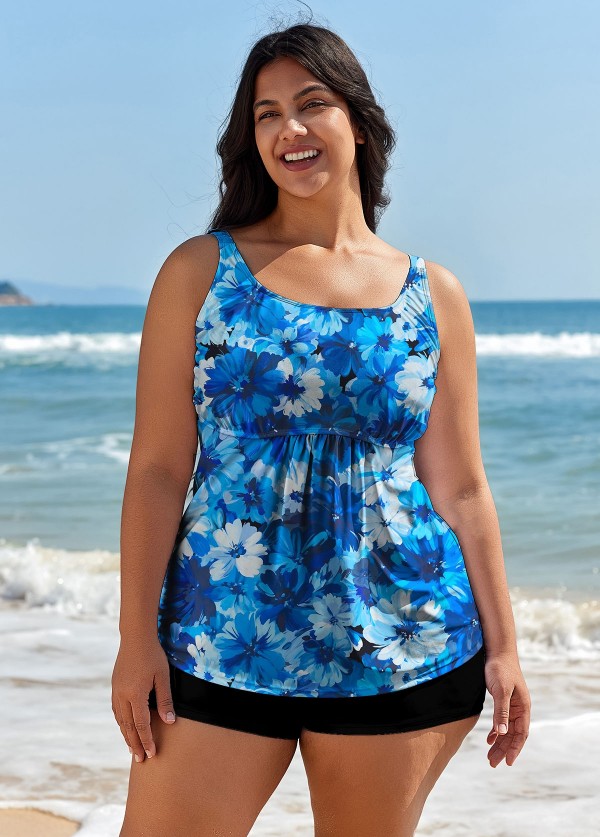 Curvy Blue Floral Modest Retro Swimsuit And Swimwear Tankini Top