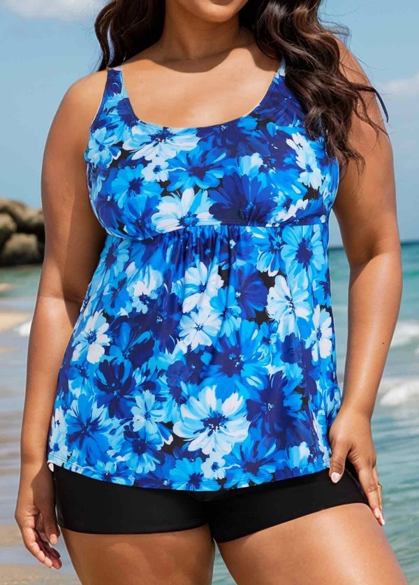 Curvy Blue Floral Modest Retro Swimsuit And Swimwear Tankini Top