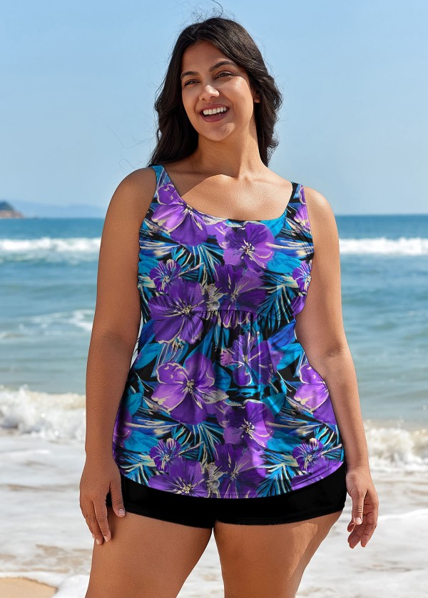 Plus Size Purple Floral Modest Swim Suits For Ladies Tankini Top