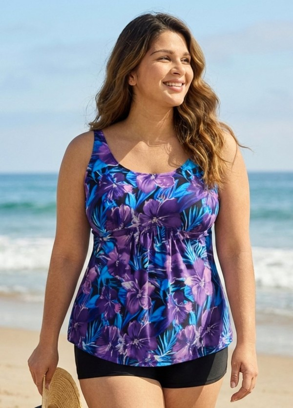 Plus Size Purple Floral Modest Swim Suits For Ladies Tankini Top