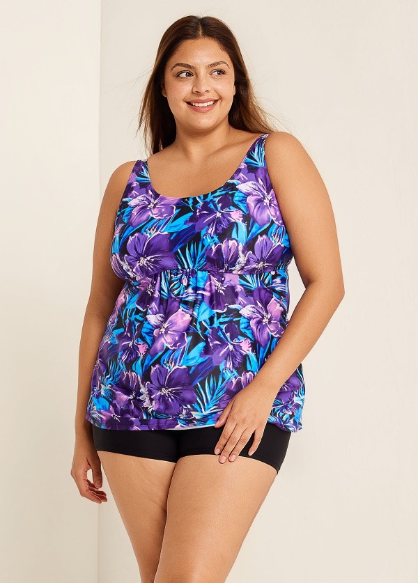 Plus Size Purple Floral Modest Swim Suits For Ladies Tankini Top