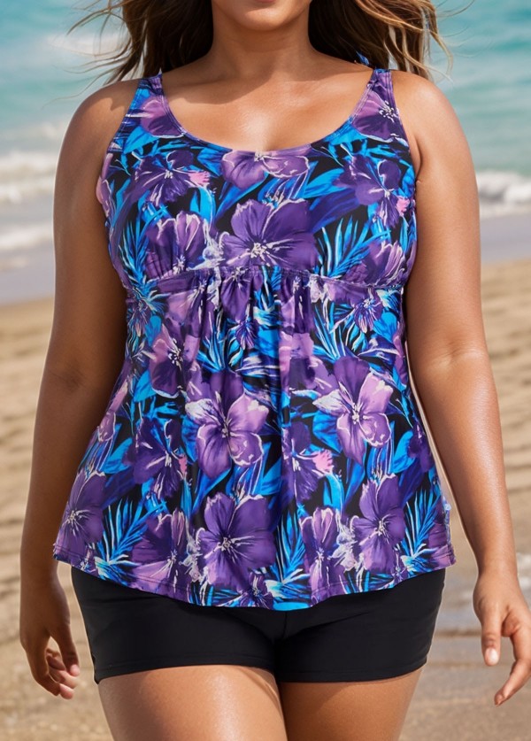 Plus Size Purple Floral Modest Swim Suits For Ladies Tankini Top