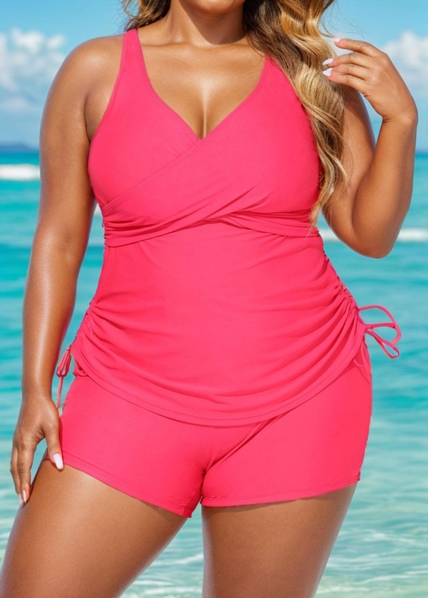 Drawstring Stylish Pink Twisted Front Women Tankini Set