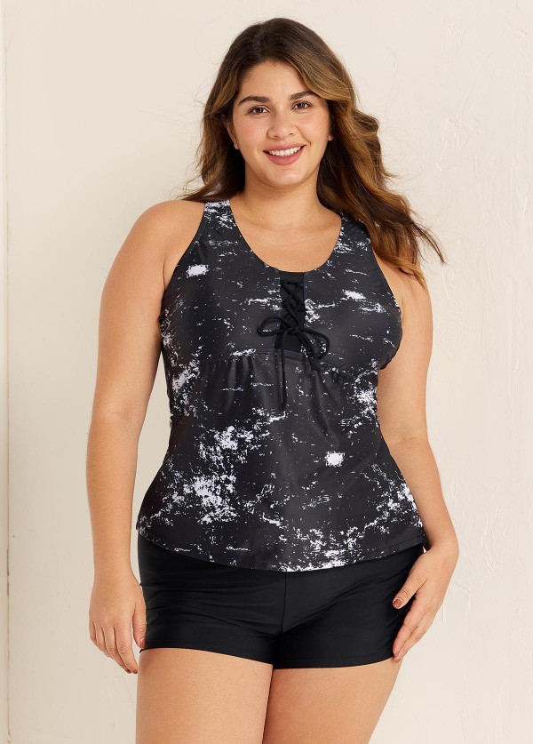 Plus Size Tie Dye Black Racerback Modest Rash Guard Tankini Top