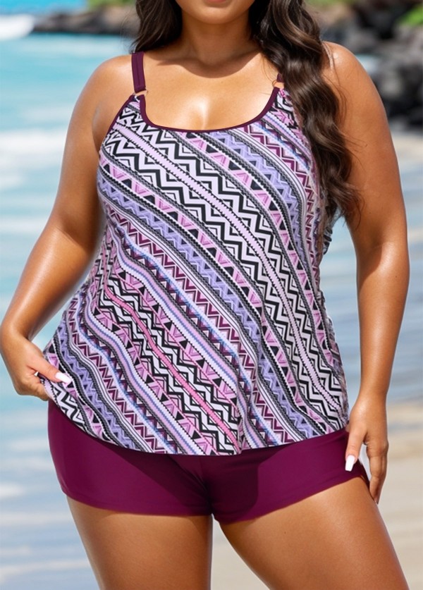 Plus Size Romantic Purple Geometric Casual Tankini Set