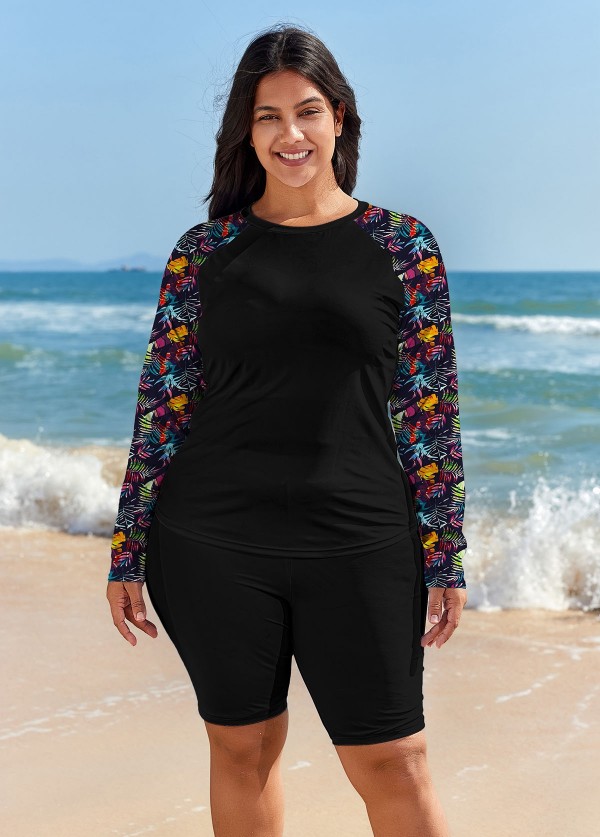 Black Leaf Print Long Sleeve Plus Size Swimsuit Swimwear Tankini Top