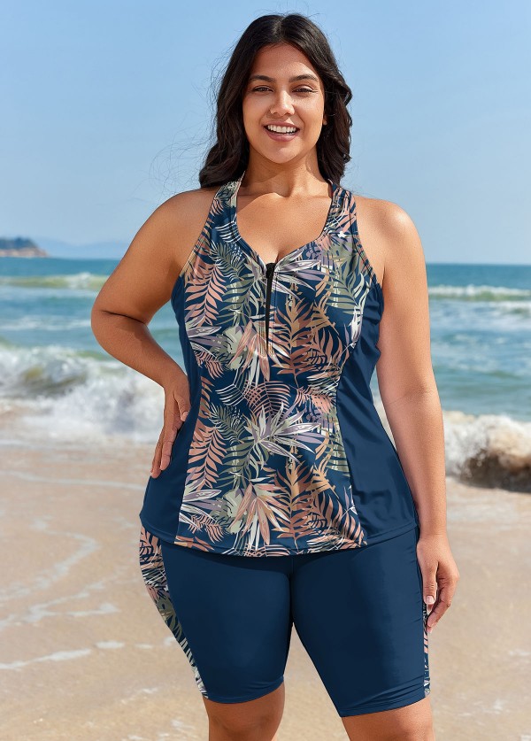 Curvy Navy Leaf Print Zipper Swimsuit And Swimwear Tankini Top