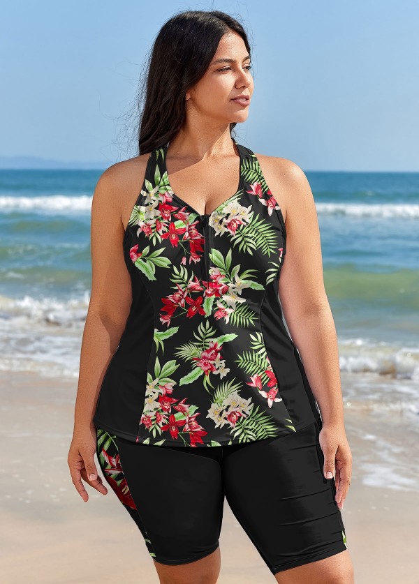 Black Floral Zipper Plus Size Beachwear Swimsuit Tankini Top