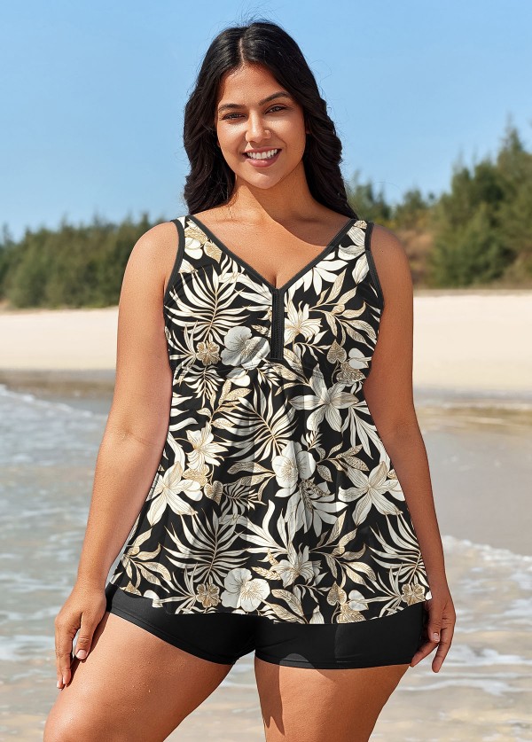 Curvy Black Floral Modest And Designer Swimsuit And Swimwear Tankini Top