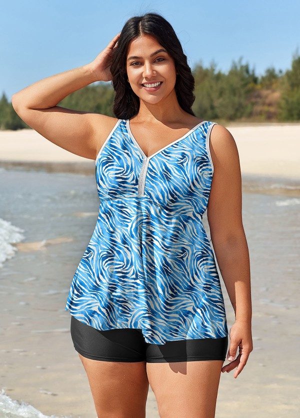 Plus Size Blue Zebra Print Modest Swimsuit And Swimwear Tankini Top