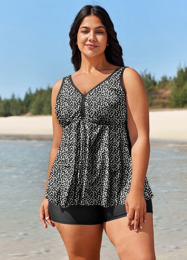 Curvy Black Polka Dot Print Modest Swimsuit And Swimwear Tankini Top