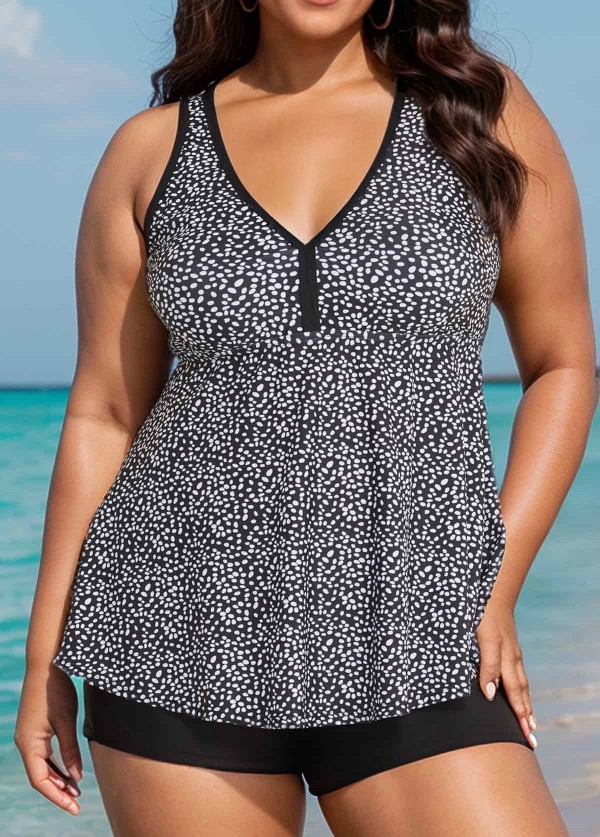 Curvy Black Polka Dot Print Modest Swimsuit And Swimwear Tankini Top