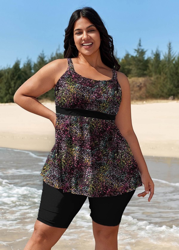Black Dot Print Modest Curvy Swimwear Bathing Suits Tankini Top