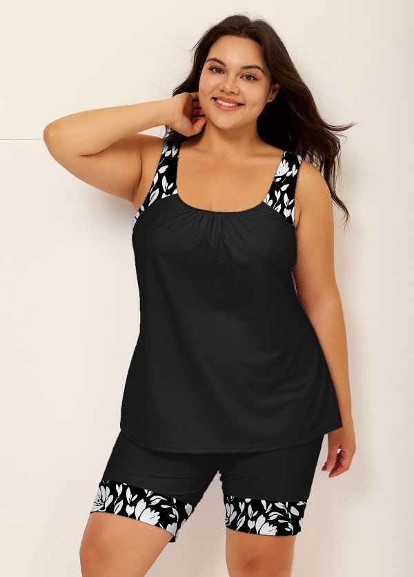 Plus Size Black Floral Print Round Neck Modest Tankini Set