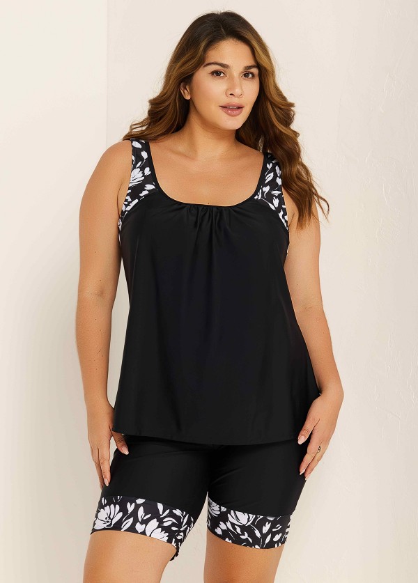 Plus Size Black Floral Print Round Neck Modest Tankini Set