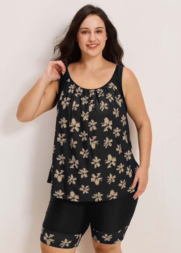 Plus Size Yellow Floral Vintage Padded Women's Swimsuit Two Piece Tankini Set