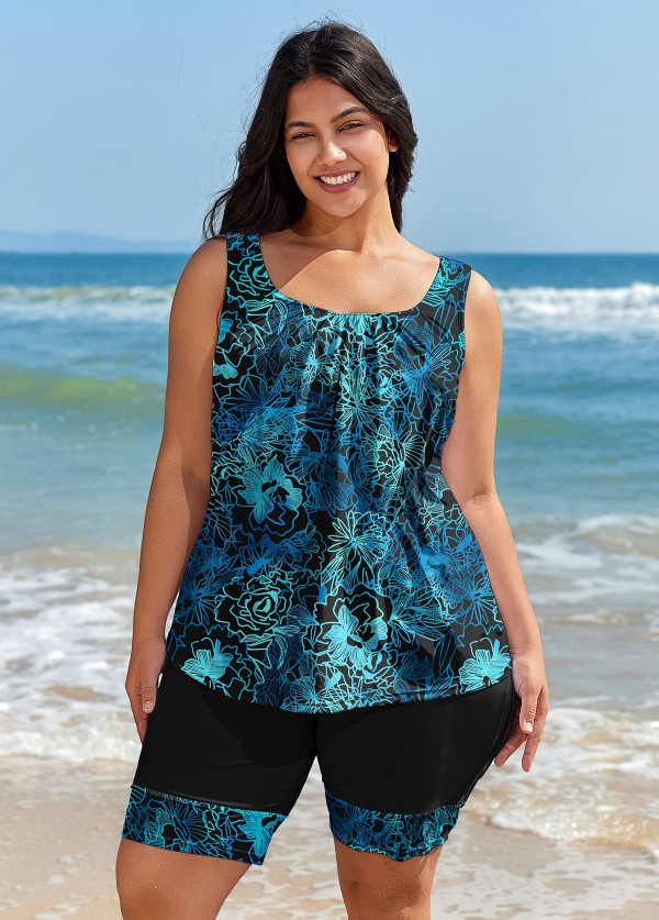 Curvy Blue Floral Modest And Sporty Swimsuit And Swimwear Tankini Set
