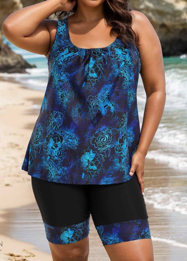 Curvy Blue Floral Modest And Sporty Swimsuit And Swimwear Tankini Set