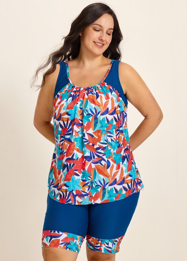 Curvy Colorful Tropical Leaf Flattering Padded Women's Swimsuit Two Piece Tankini Set