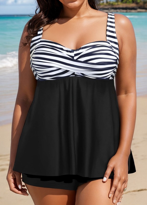 Classic Modest Black Stripe Twist Front Tankini Top