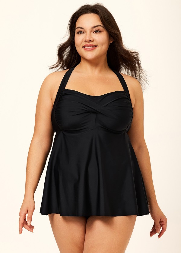 Black Twist Front Plus Size Modest Fashion Tankini Swimsuit Top