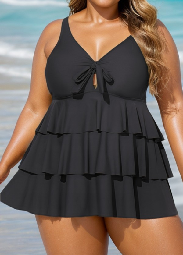 Black Knotted Front Ruffle Tiered Elegant Tankini Top