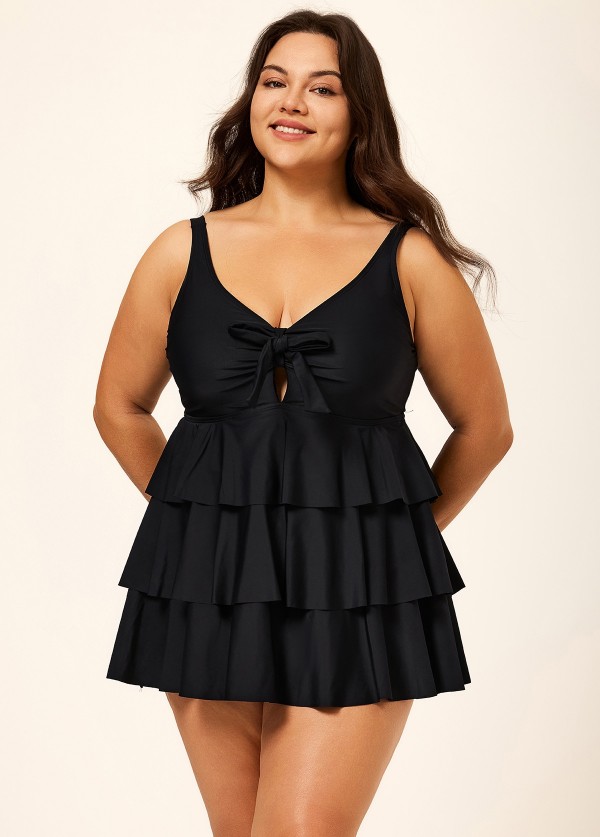 Black Knotted Front Ruffle Tiered Elegant Tankini Top