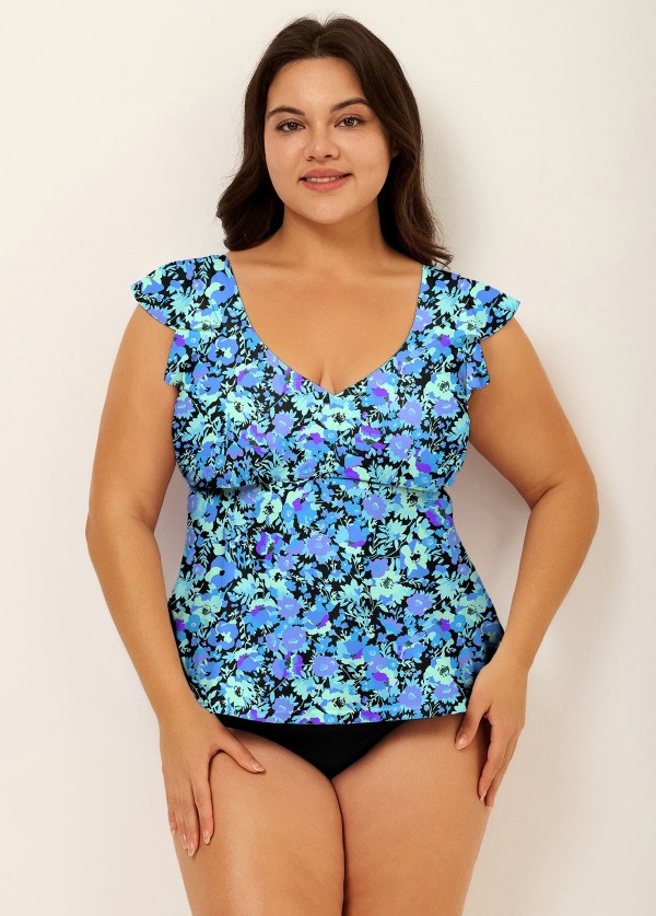Blue Floral Print V Neck Ruffle Sleeve Plus Size Tankini Top