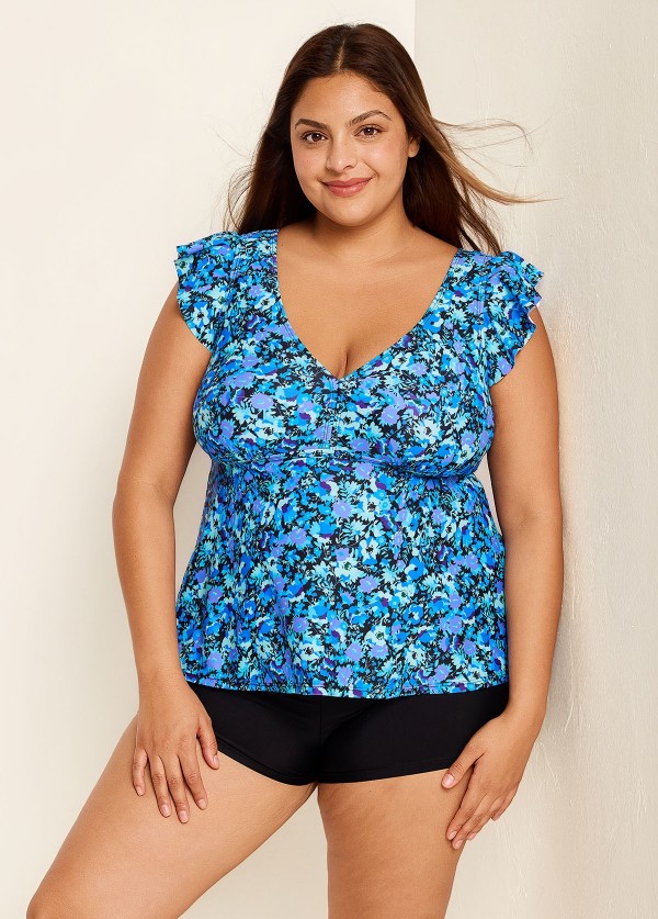 Blue Floral Print V Neck Ruffle Sleeve Plus Size Tankini Top