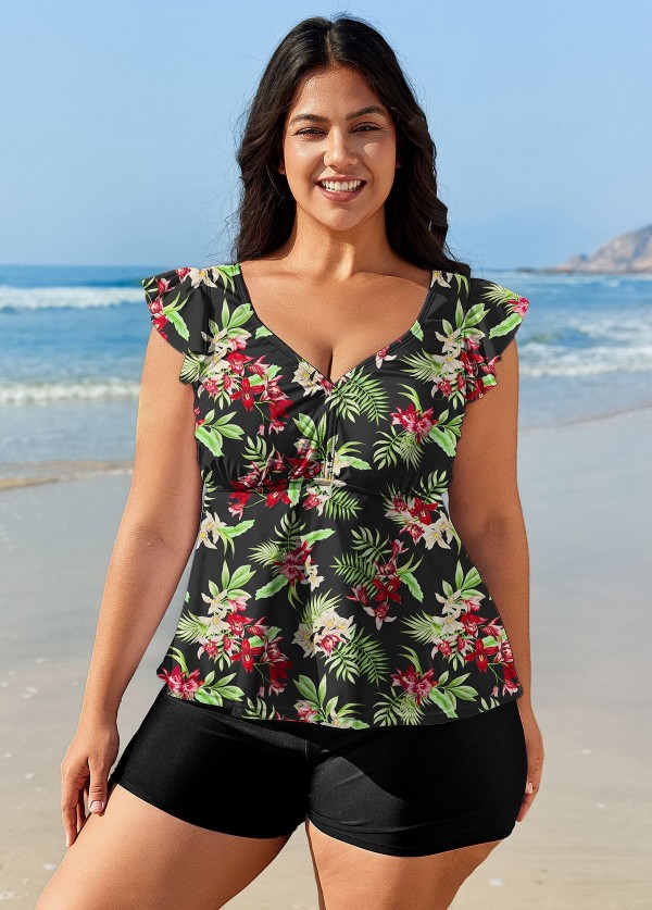 Black Floral Ruffle Sleeve Plus Size Swimsuit Swimwear Tankini Top