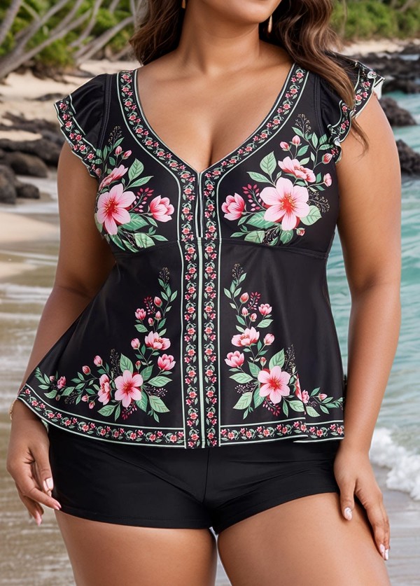 Black Floral V Neck Ruffled Sleeve Curvy Swimsuit Tankini Top