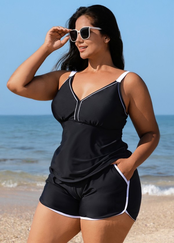 Black And White Sporty Comfortable Plus Size Tankini Top