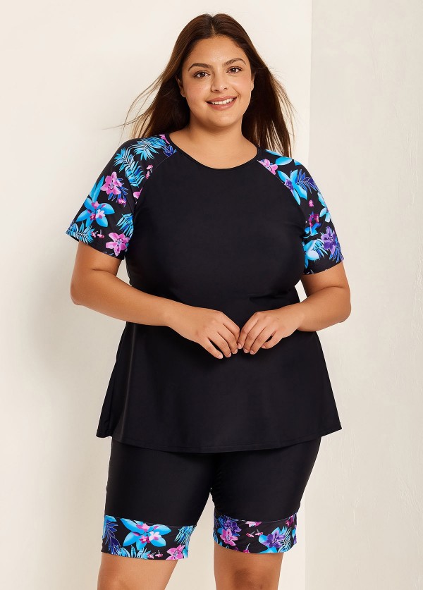 Black Floral Pullover Short Sleeve Fashion Casual Tankini Set