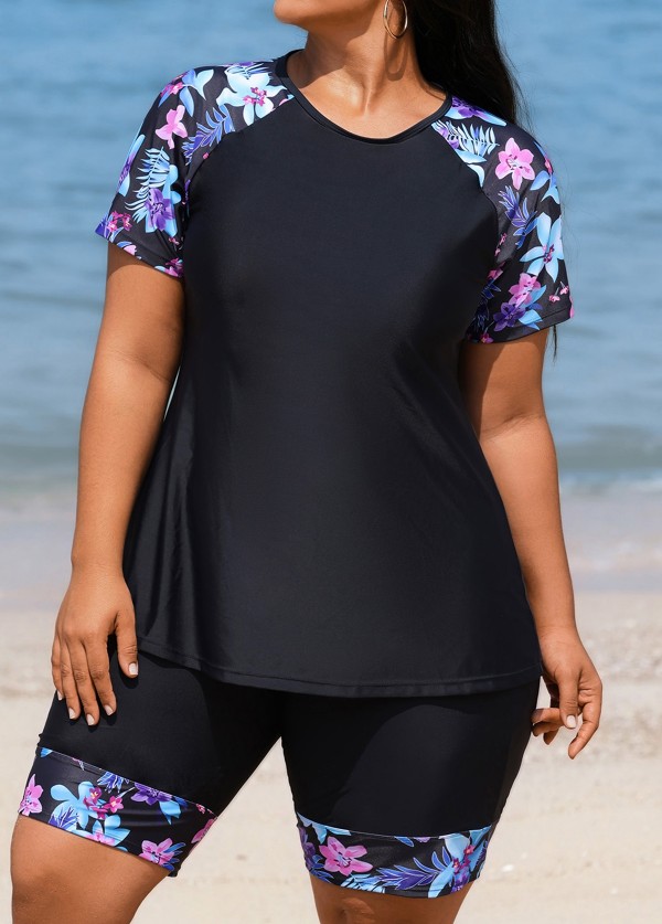Black Floral Pullover Short Sleeve Fashion Casual Tankini Set
