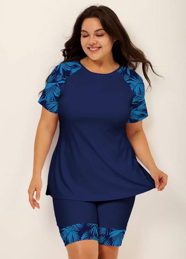 Blue Plants Pullover Short Sleeve Modest Plus Size Fashion Casual Tankini Set