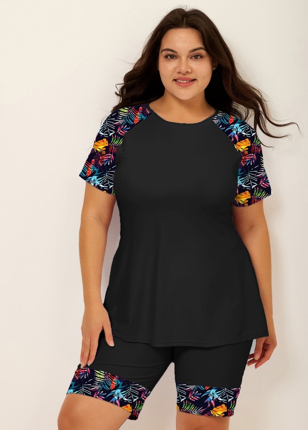 Black Plants Pullover Short Sleeve Modest Plus Size Fashion Casual Tankini Set