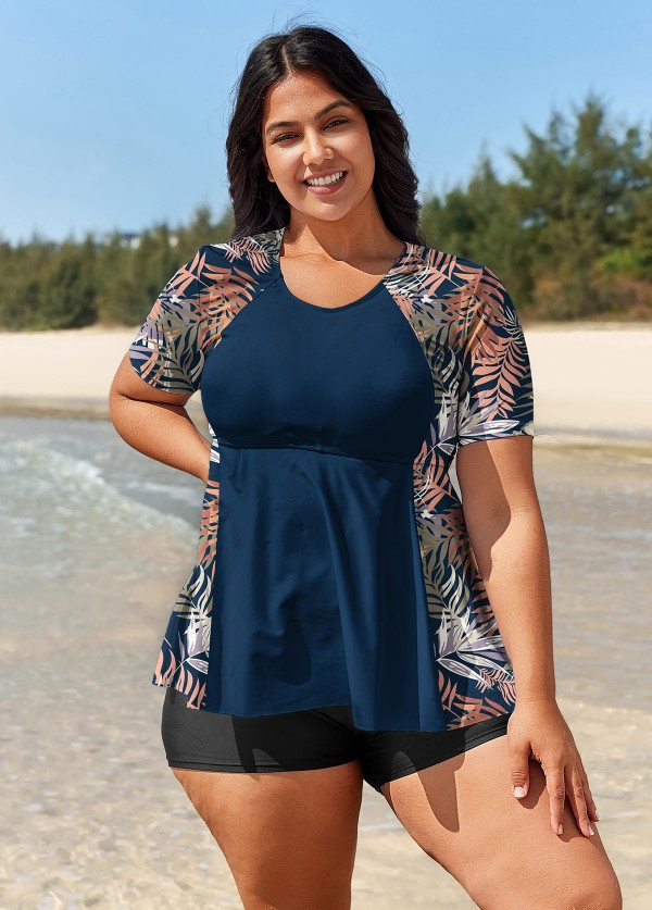 Curvy Navy Leaf Print Short Sleeve Bathing Suits Tankini Top