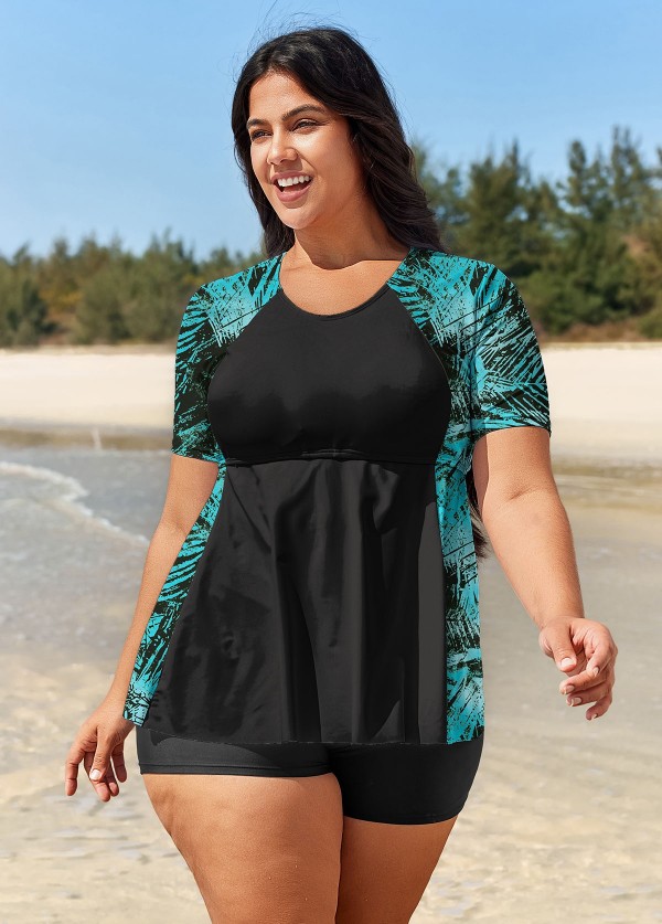 Curvy Green Leaf Print Short Sleeve Swimsuit And Swimwear Tankini Top