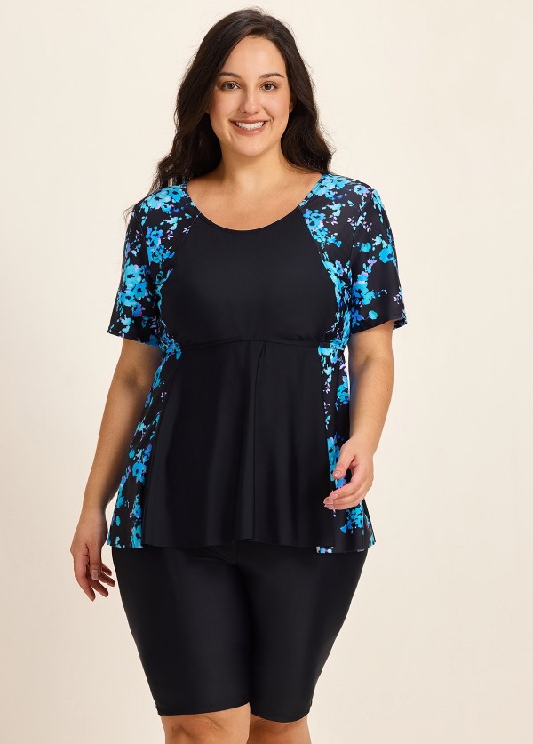 Plus Size Blue Floral Upf50+ Short Sleeves Modest Women's Swimsuit Shirt Tankini Top