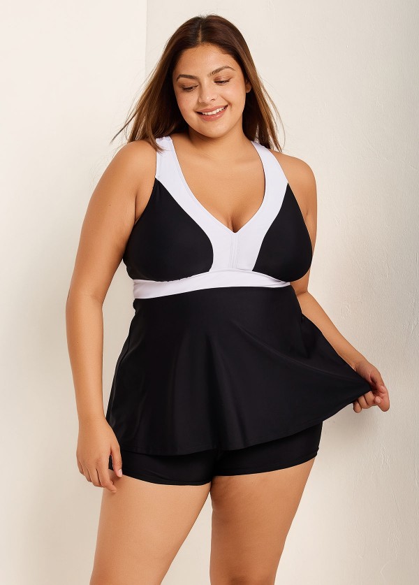 Black And White V Neck Ruffle Fashion Tankin Top