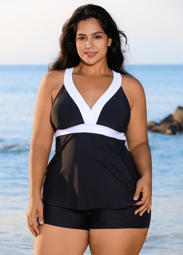 Black And White V Neck Ruffle Fashion Tankin Top