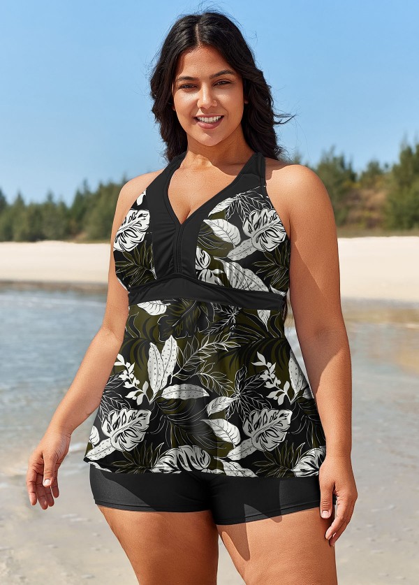Curvy Black Leaf Print Vintage Swimsuit And Swimwear Tankini Top