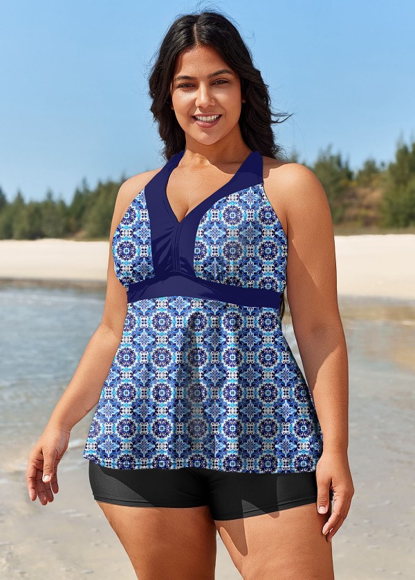 Plus Size Navy Geometric Print Modest Swimwear Bathing Suits Tankini Top