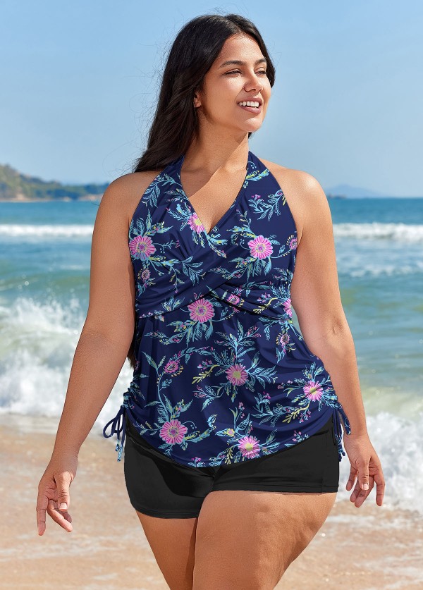 Plus Size Purple Floral Drawstring Swimsuit And Swimwear Tankini Top