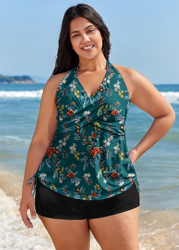 Curvy Green Floral Drawstring Swimsuit And Swimwear Tankini Top